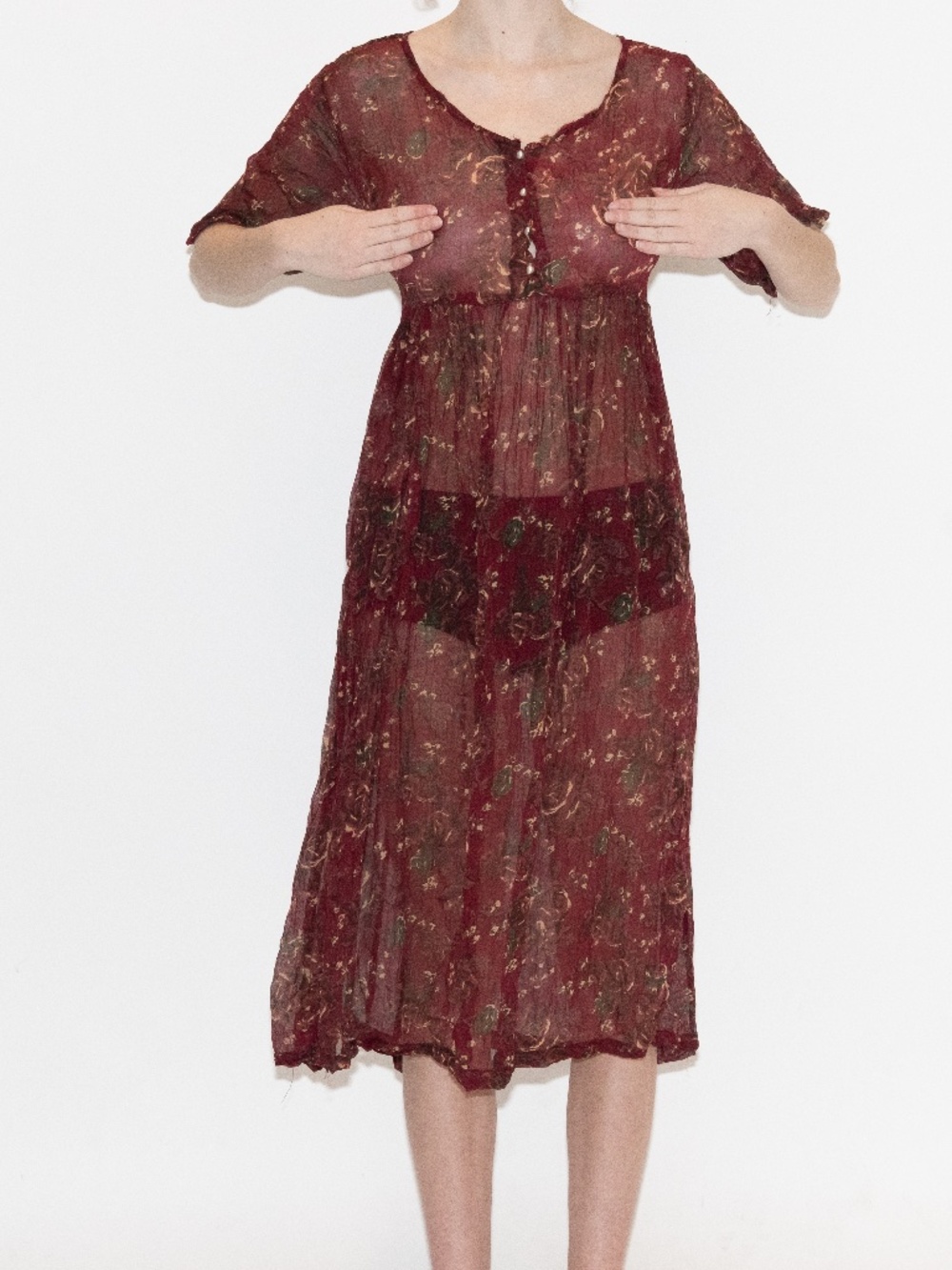 Vintage mesh midi dress flower print button top size banjara size medium rayon